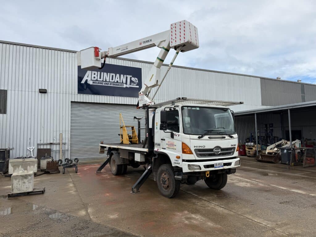 Elevated work platform on truck, extended.